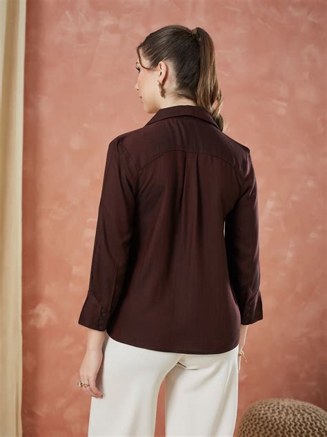 Latin Quarters Women's Maroon 3/4Th Sleeves Solid Collar Neck Formal S