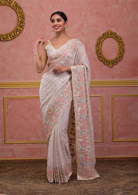 Buy Beige Sequins Organza Saree - Koskii