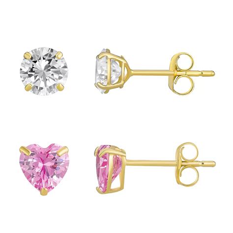 Forever 14K 5 mm Round Cubic Zirconia & Pink Topaz Heart Stud Earrings ...