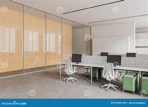 Stylish Glass Workplace Interior With Pc Monitors And Glass Partition ...