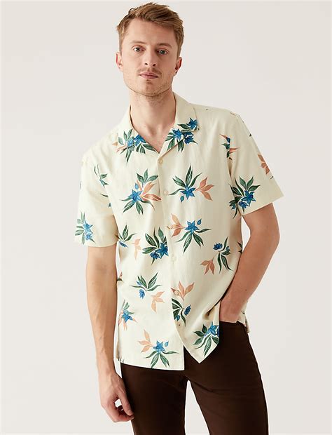 Buy Linen Rich Floral Cuban Collar Shirt at Marks & Spencer