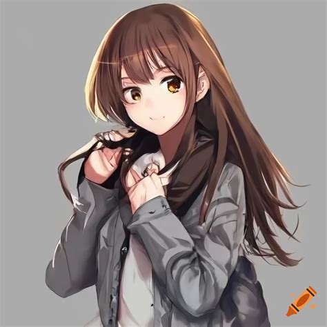 Anime girl with brown hair and black jacket on Craiyon