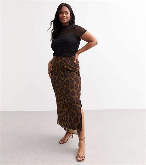 Curves Brown Leopard Print Mesh Midi Skirt | New Look