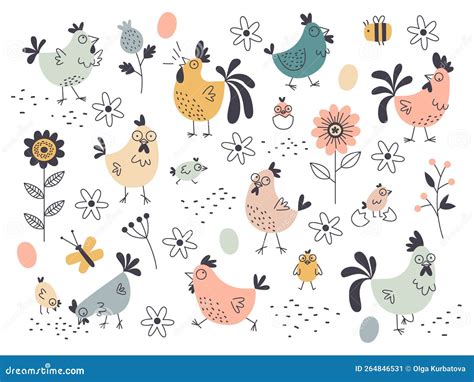 Cartoon Funny Chicken Characters. Decorative Domestic Birds, Laying ...