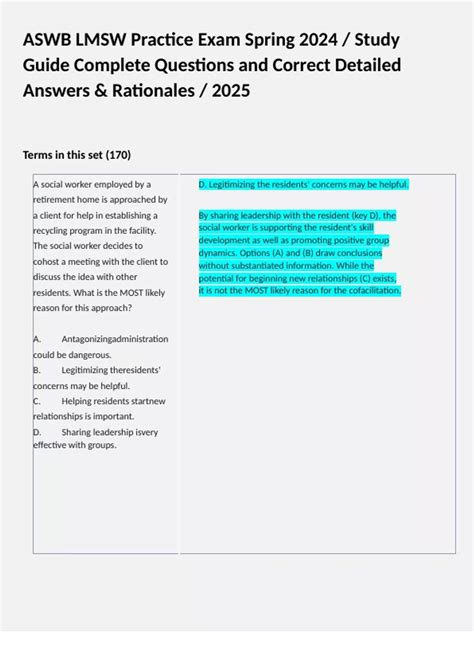 ASWB LMSW Practice Exam Spring 2024 / Study Guide Complete Questions ...