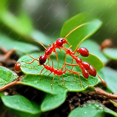 A red ant with red spots on its face is on a green leaf | Premium AI ...