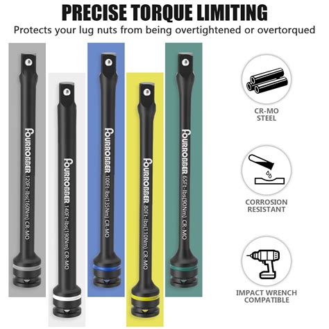 Fourrobber 1/2″ Drive Torque Limiting Extension Bar Set, 5-Piece Lug Nut Torque Stick Set with ...