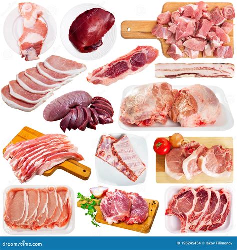 Collage of Raw Pork Meat of Different Parts on White Stock Photo ...