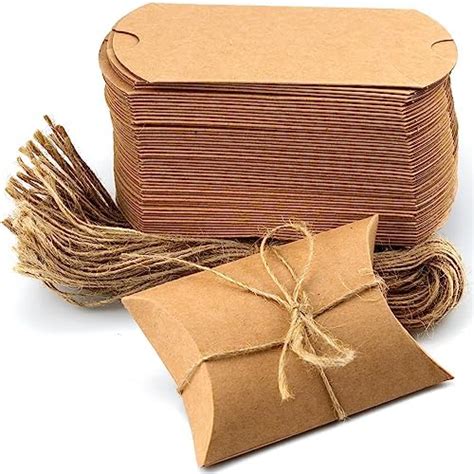 IFAMIO 50 Pcs Kraft Paper Pillow Gift Box with Jute Rope, Small Candy ...