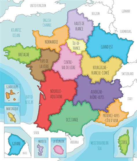 Vector illustrated map of France with regions and territories and ...