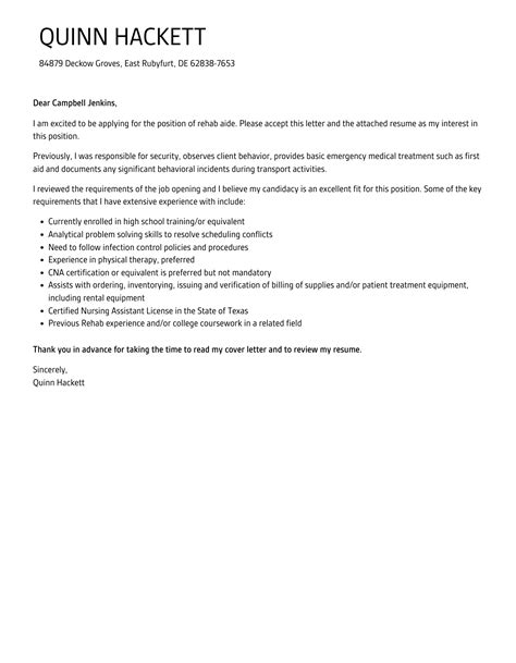 Rehab Aide Cover Letter | Velvet Jobs