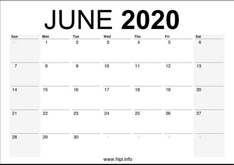 June 2020 Calendar