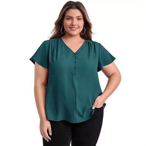 Plus Size Blouses for Women Pleated Ruffle Short Sleeve V Neck Button ...