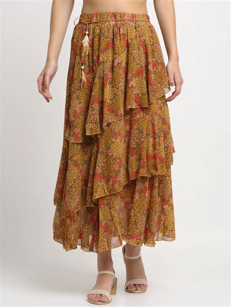 Brown Floral Chiffon Maxi Skirt