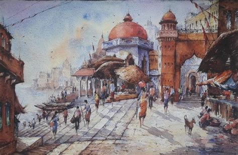 "Banaras Ghat 4": Light Brown Watercolor Painting by SHUBHASHIS MANDAL ...