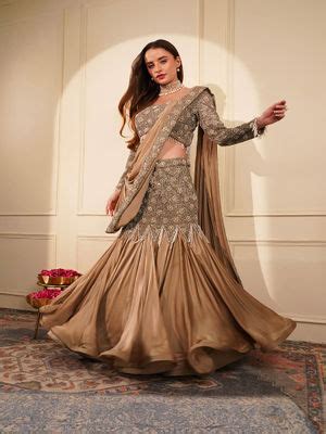 Buy MILU MADAN Beige Satin Organza Pre-Drape Saree with Stitched (XS ...