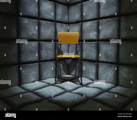A dark dirty white padded cell in a mental asylum hospital with an ...