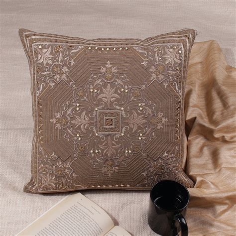 Banjara Khaaki Ornamental Embroidery Cotton Linen Cushion Cover – KHAABKA