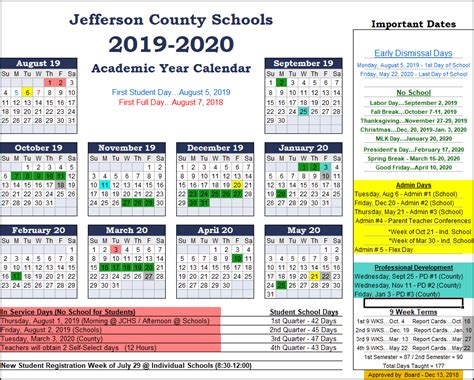 2019-2020 Jefferson County Schools Calendar - Includes Full Week Of ...