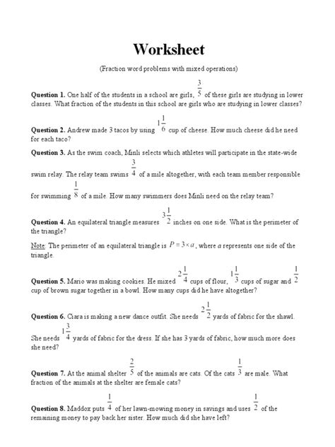 Mixed Fraction Word Problems Worksheet 的图像结果