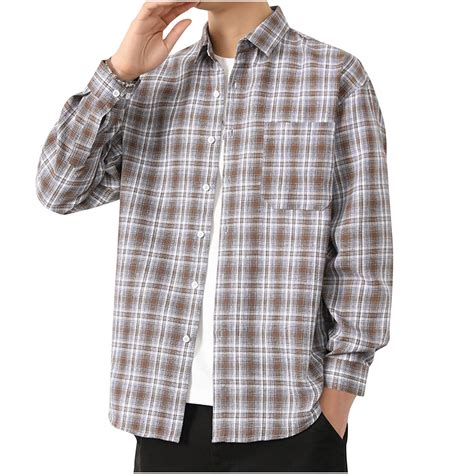 QUNYINEY Long Sleeve Mens Shirts Casual Brown Collared Plaid Tops ...