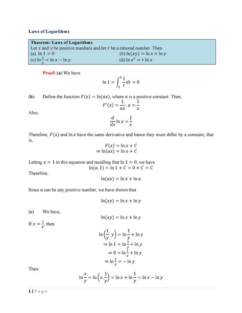 The natural logarithmic functions 2 basic concepts - 1 | P a g e Laws ...