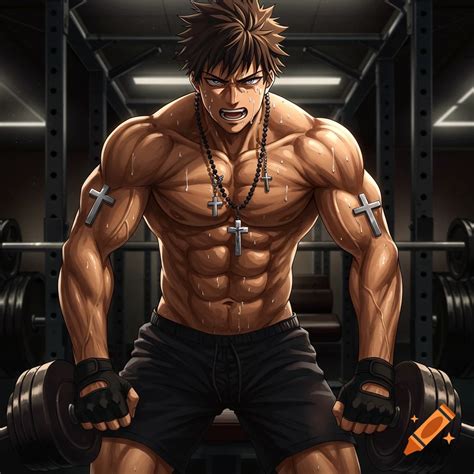 Muscular anime woman with black hair and tattoos in tank top, blue eyes ...