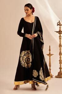Buy Black 100% Pure Chanderi Silk Gota Leaf Neck Work Anarkali For ...