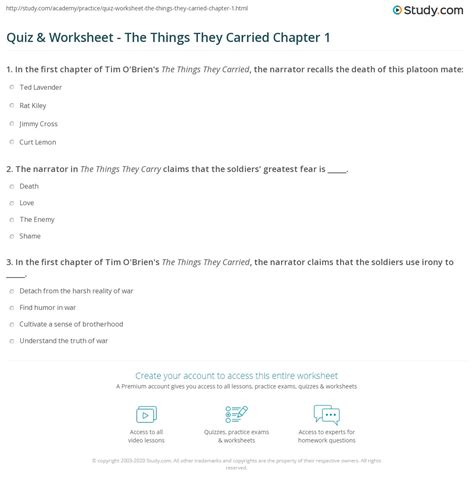 Quiz & Worksheet - The Things They Carried Chapter 1 | Study.com