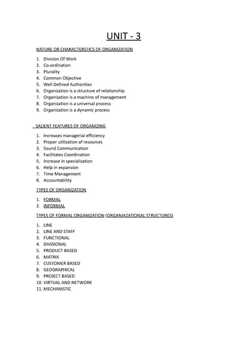 UNIT 3 Mangement - UNIT - 3 NATURE OR CHARACTERSTICS OF ORGANIZATION 1 ...