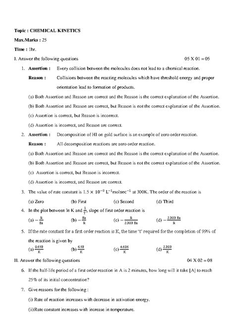12th CBSE Chemical Kinetics - Topic : CHEMICAL KINETICS Max : 25 Time ...