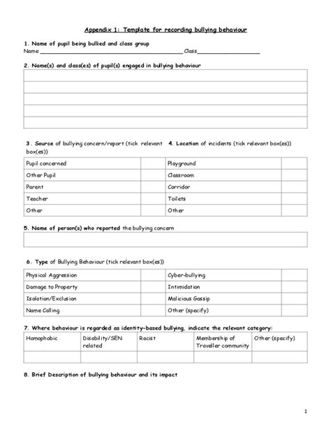 Fillable Online Appendix 1: Template for recording bullying behaviour ...