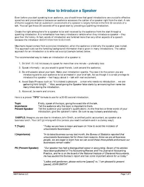 How to introduce a speaker - M&R Games LLC Page 1 of 1 How to Introduce ...