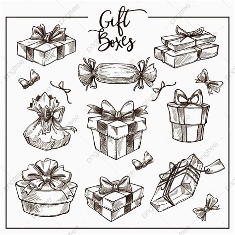 Gift Box Sketch Vector Design Images, Christmas Collection Of Symbolic Traditional Gift Boxes ...