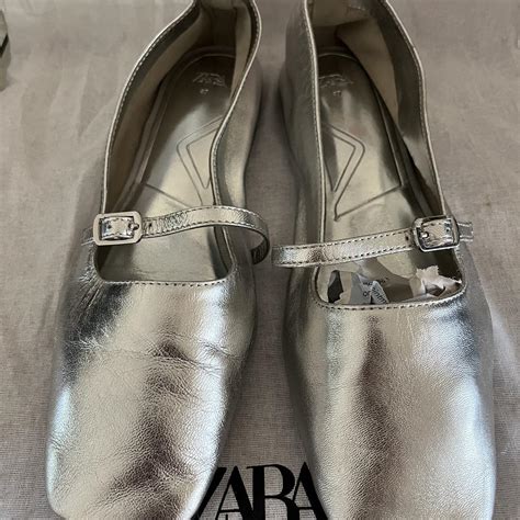 Zara silver leather ballet flats. Worn once Size... - Depop