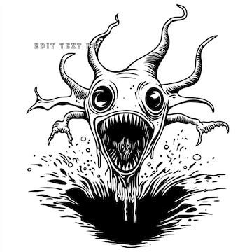 Monstrous creature emerging from dark water detailed ink drawing ...