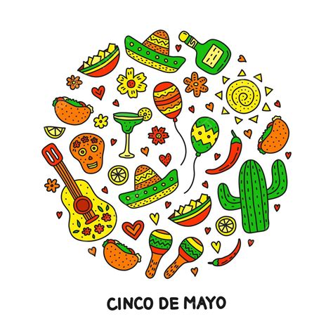 Doodle Cinco De Mayo Icons In Circle Mexico Background Party Vector ...