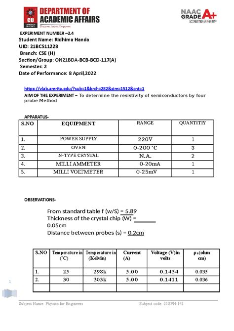 worksheet of physics - 1 EXPERIMENT NUMBER –2. Student Name: Ridhima ...