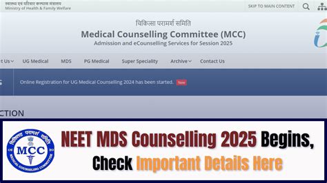 NEET MDS Counselling 2025 Begins at mcc.nic.in, Apply Online for 1574 ...