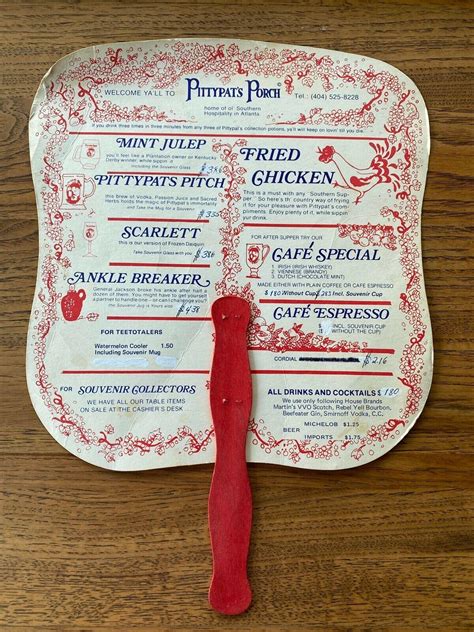 Vintage Pittypat's Porch Fan Menu Atlanta Georgia Southern Food ...