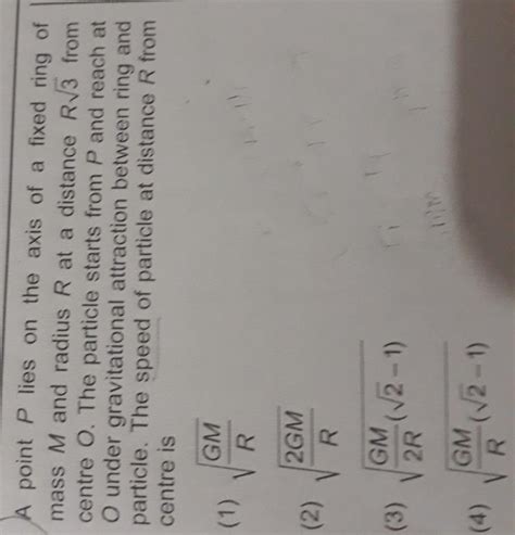 a point P lies on the axis of the fixed ring of mass M and radius R and ...