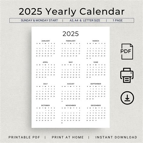 2025 Calendar 2025 Yearly Calendar Printable 2025 Wall Calendar 2025 ...