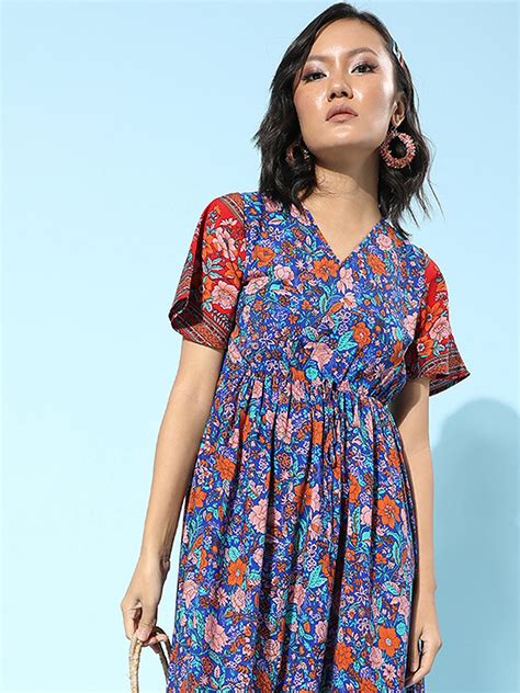 Berrylush Women Blue & Red Floral Printed V-Neck Front Knot Flared A-L