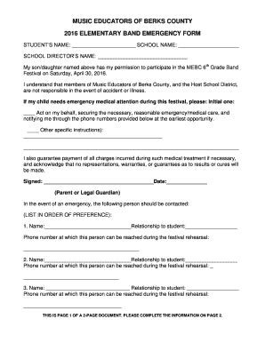 Fillable Online Elementary Band Festival Emergency Form (.pdf) - Music ...