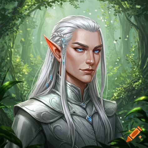 A male elf with white hair and blue eyes in fantasy armor stands in a ...