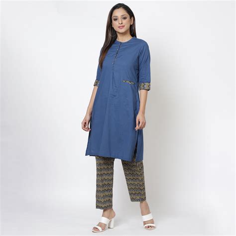 Buy Navy Cotton A-Line Kurta Pant Suit Set Online at Biba India