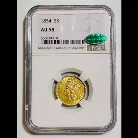 1854 Gold Three Dollars $3 Indian Princess Head NGC AU-58 CAC - Bob ...