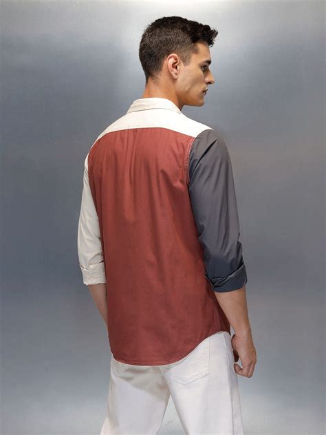 Men's Casual Regular Fit Shirt With Colourblock | Rust – Wrogn