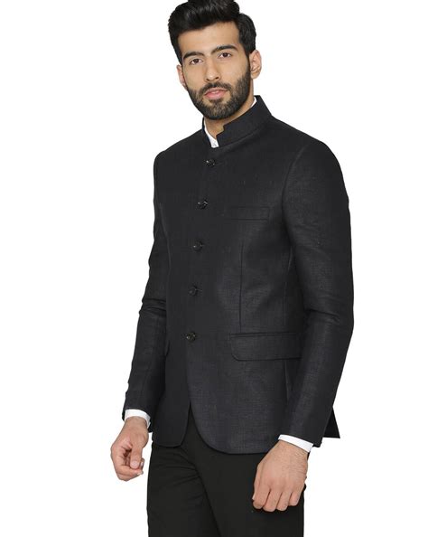 Buy Black WINTAGE Solid Single-Breasted Blazer with Mandarin Collar | AJIO