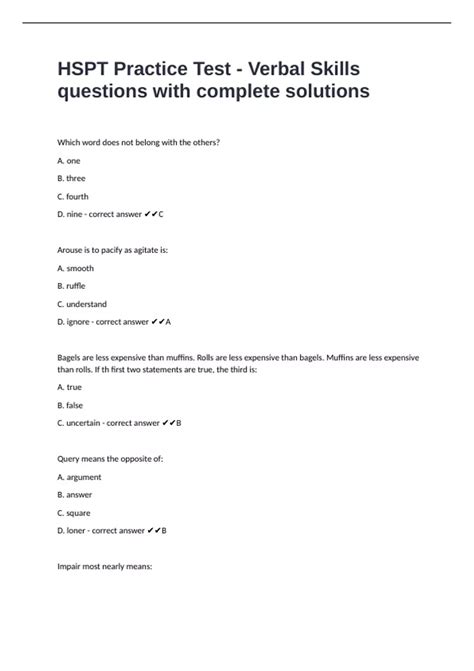 HSPT Practice Test - Verbal Skills questions with complete solutions ...